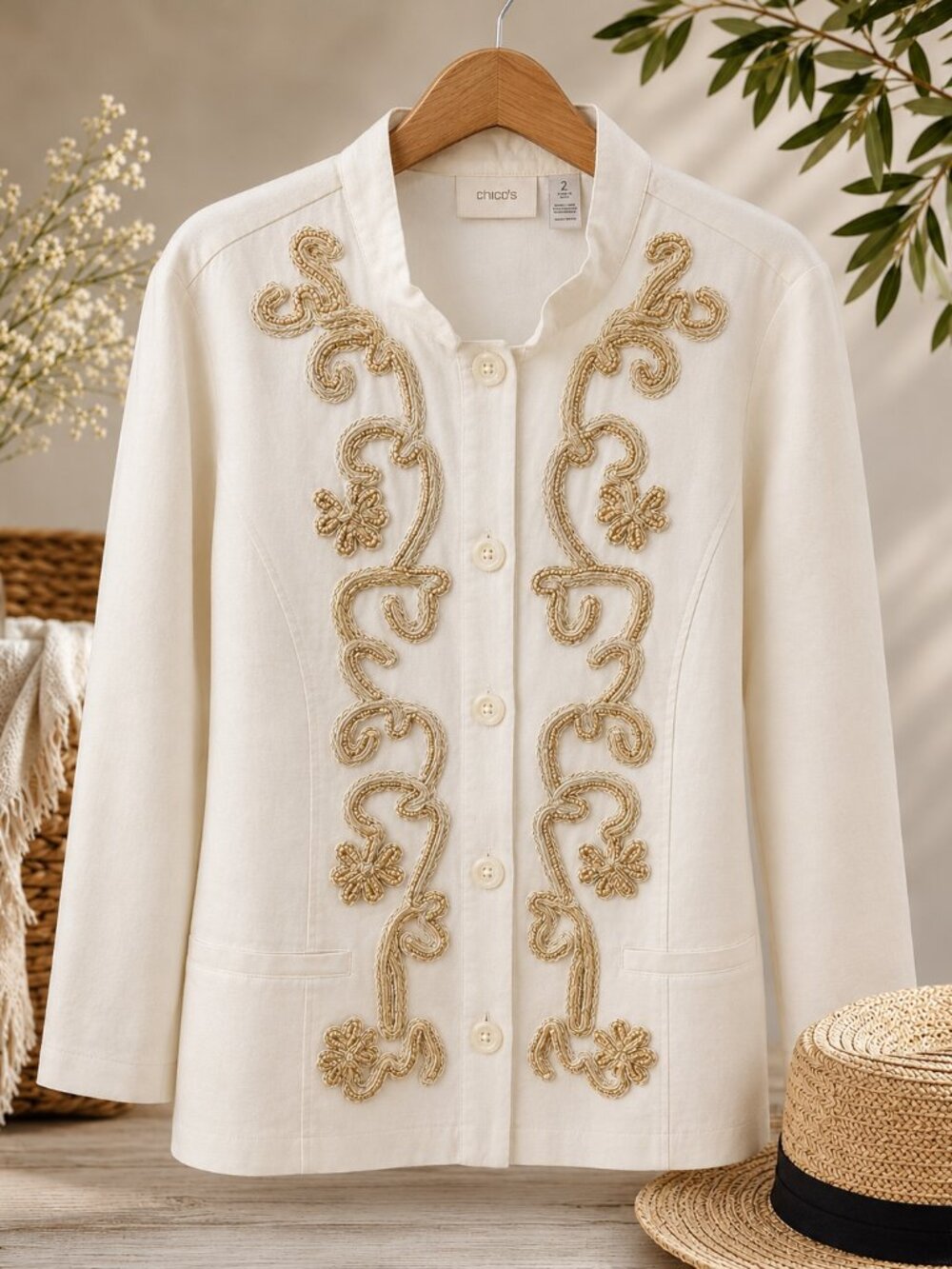 Chico’s 100% Linen Embroidered Beaded Jacket / Shirt – Size 2 (L / 12–14)